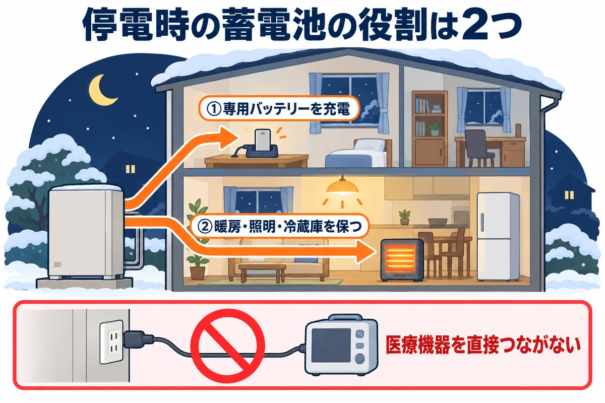 停電時の家庭用蓄電池の役割を示す図。医療機器の専用バッテリーを充電すること、暖房・照明・冷蔵庫を保つことの2つ。医療機器を蓄電池に直接つなぐのは禁止