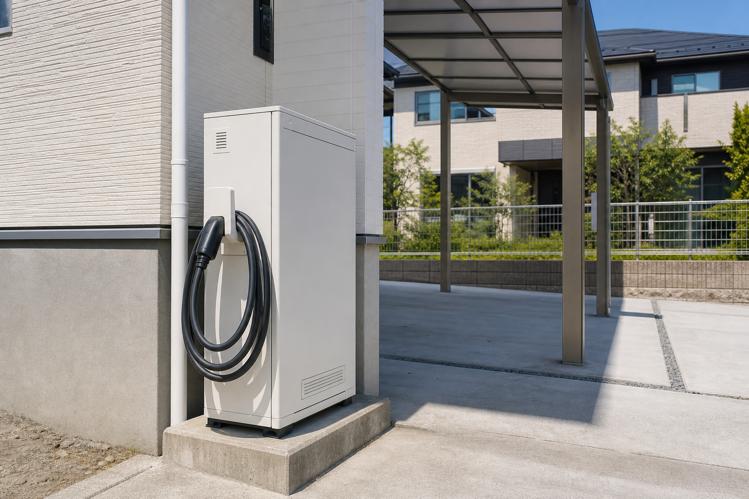 住宅の駐車場脇にコンクリート基礎で据え付けられた白いV2H充放電設備と充電ケーブル