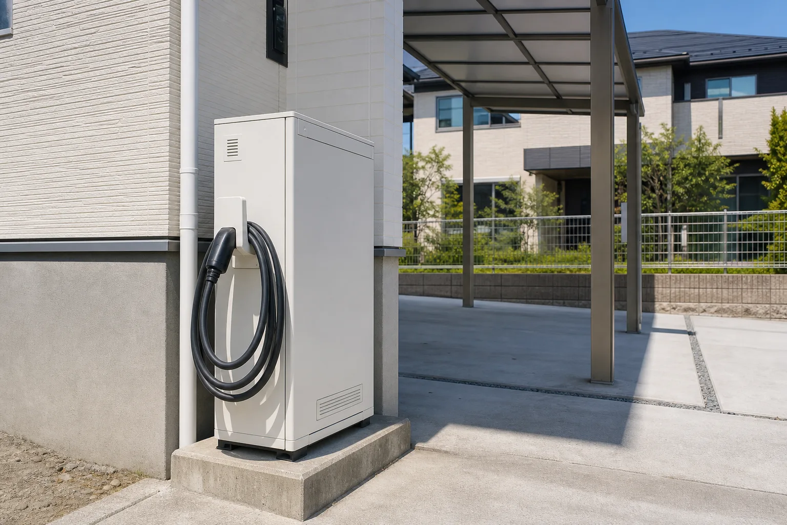住宅の駐車場脇にコンクリート基礎で据え付けられた白いV2H充放電設備と充電ケーブル